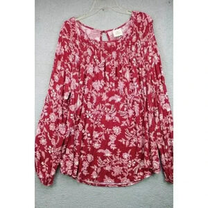 Knox Rose Burgundy Floral Tunic-Size XXL-Long Puff Sleeves-Smocked